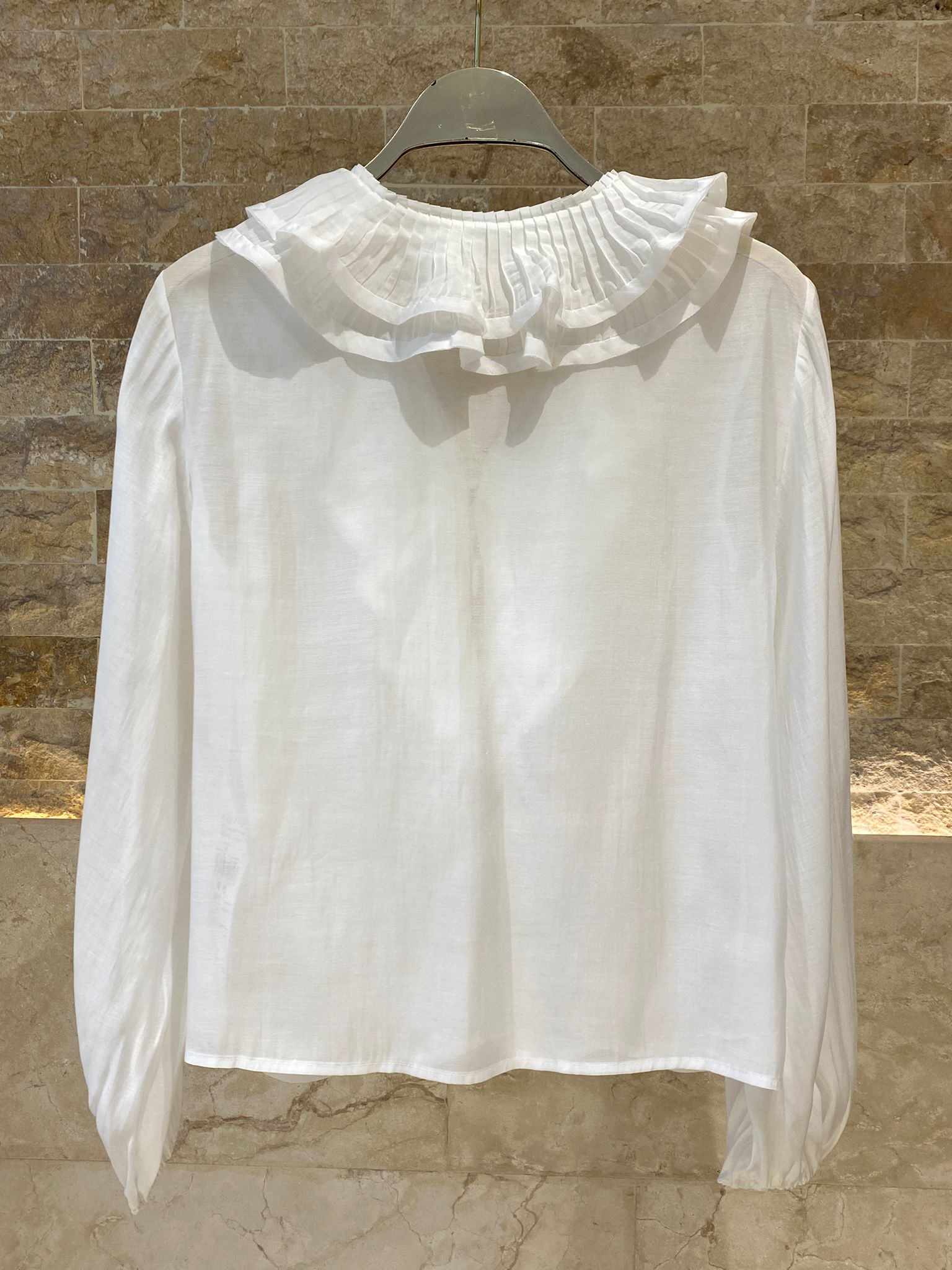 6207004 Pleated Ruffled Collared Top بلوزة شفافة مكشكشة بياقة مطوية - Brown Loft