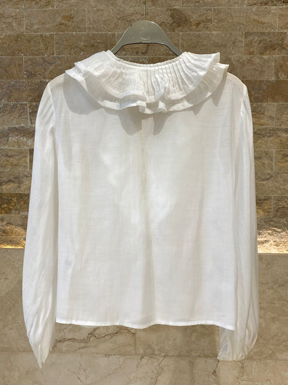 6207004 Pleated Ruffled Collared Top بلوزة شفافة مكشكشة بياقة مطوية - Brown Loft