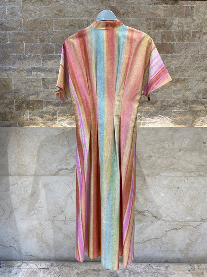 6218140  Multicolor Linen Blend Long Dress فستان طويل متعدد الألوان من مزيج الكتان - Brown Loft