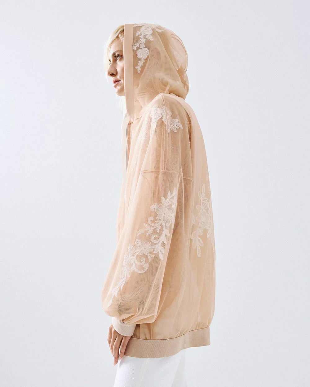 63-1063 Sheer Jacket with Lace Details - Brown Loft