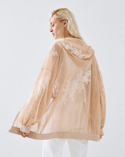 63-1063 Sheer Jacket with Lace Details - Brown Loft