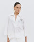 63-2196 V Neckline Collared Cotton Top with Heart Embroidery - Brown Loft