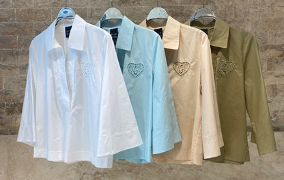 63-2196 V Neckline Collared Cotton Top with Heart Embroidery - Brown Loft