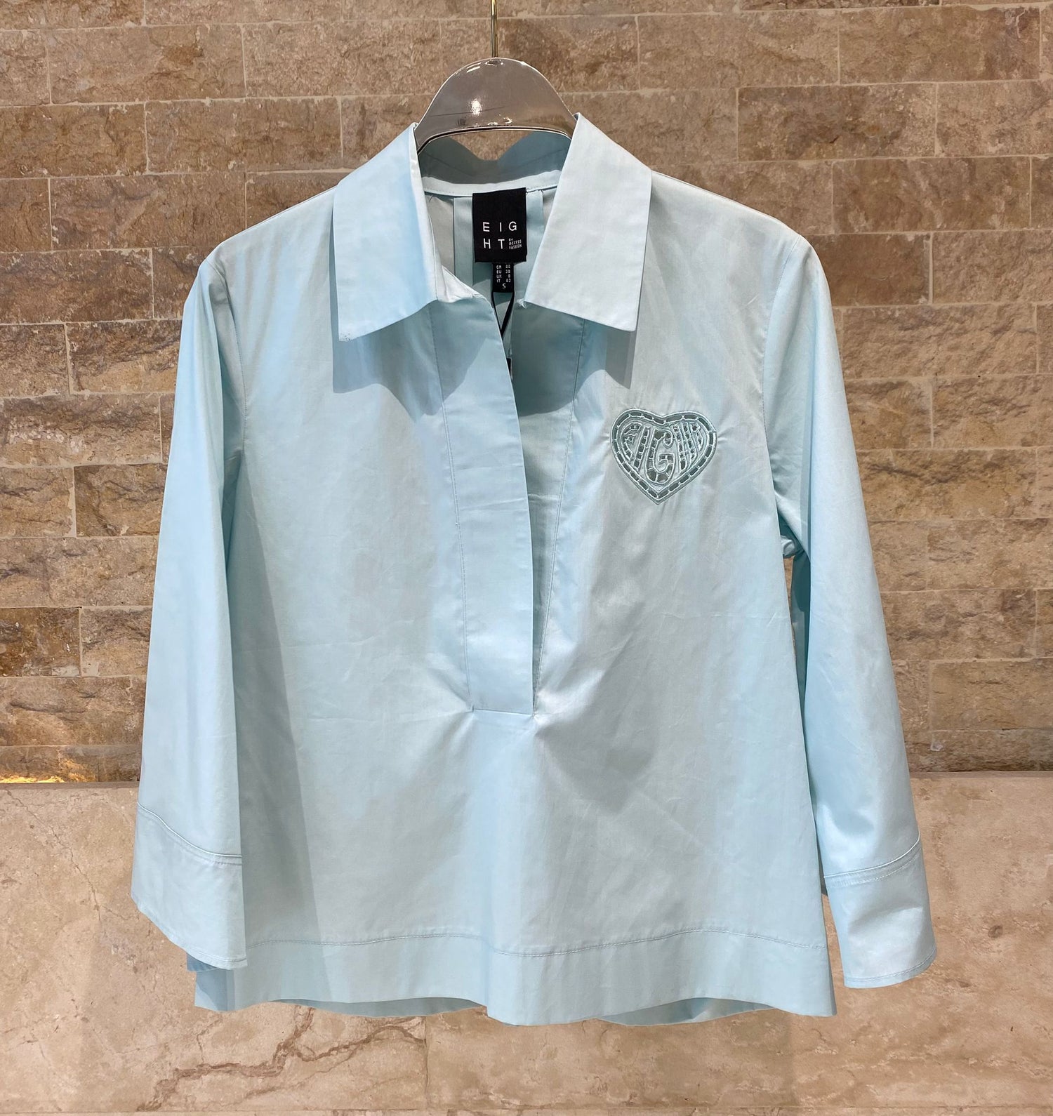 63-2196 V Neckline Collared Cotton Top with Heart Embroidery - Brown Loft