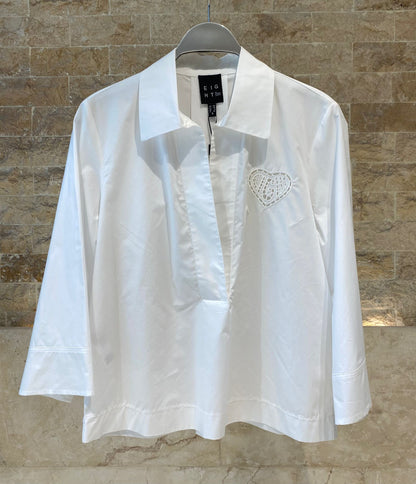 63-2196 V Neckline Collared Cotton Top with Heart Embroidery - Brown Loft