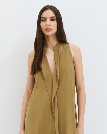 63-3321 Sleeveless Dress with Ruffles - Brown Loft