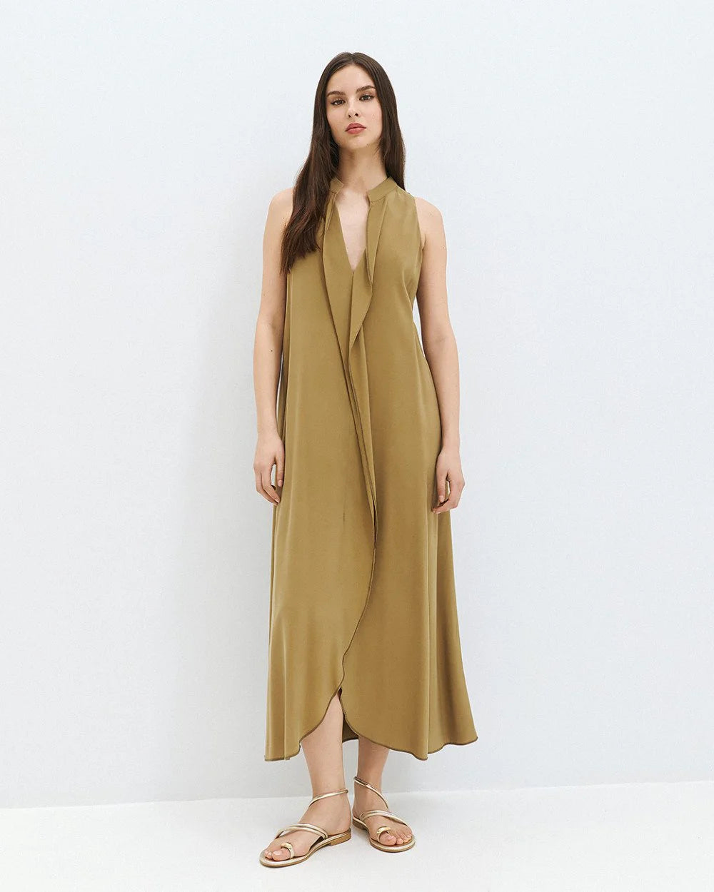 63-3321 Sleeveless Dress with Ruffles - Brown Loft
