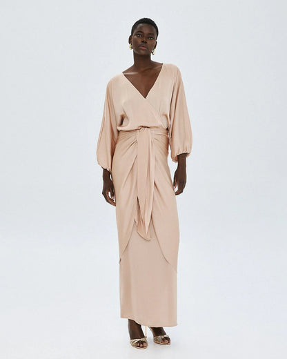 63-3379 Long Wrap Tie Dress - Brown Loft