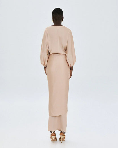 63-3379 Long Wrap Tie Dress - Brown Loft