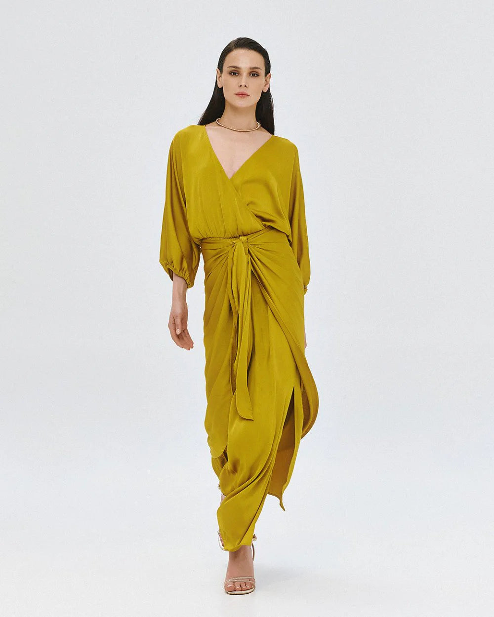 63-3379 Long Wrap Tie Dress - Brown Loft