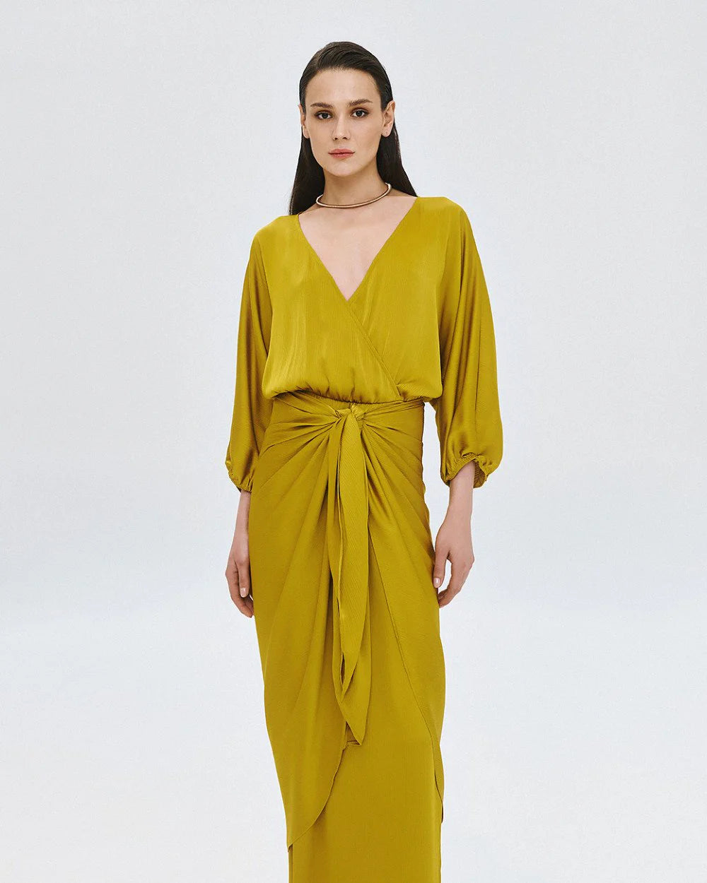 63-3379 Long Wrap Tie Dress - Brown Loft