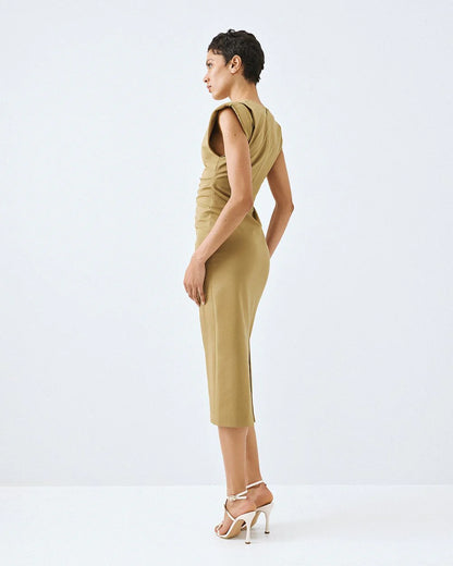 63-3409 Sleeveless Dress with Ruched Details - Brown Loft