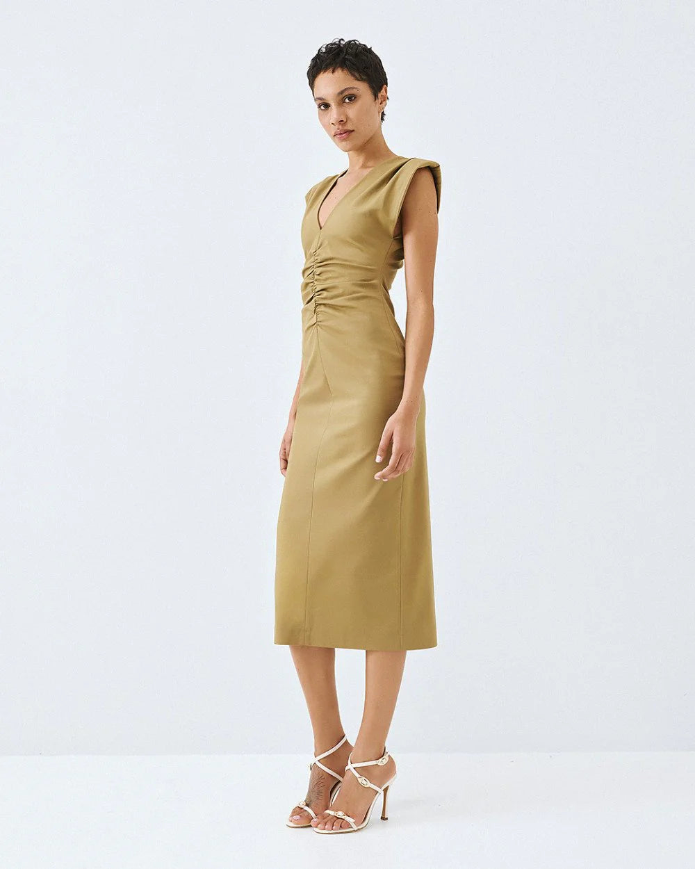 63-3409 Sleeveless Dress with Ruched Details - Brown Loft
