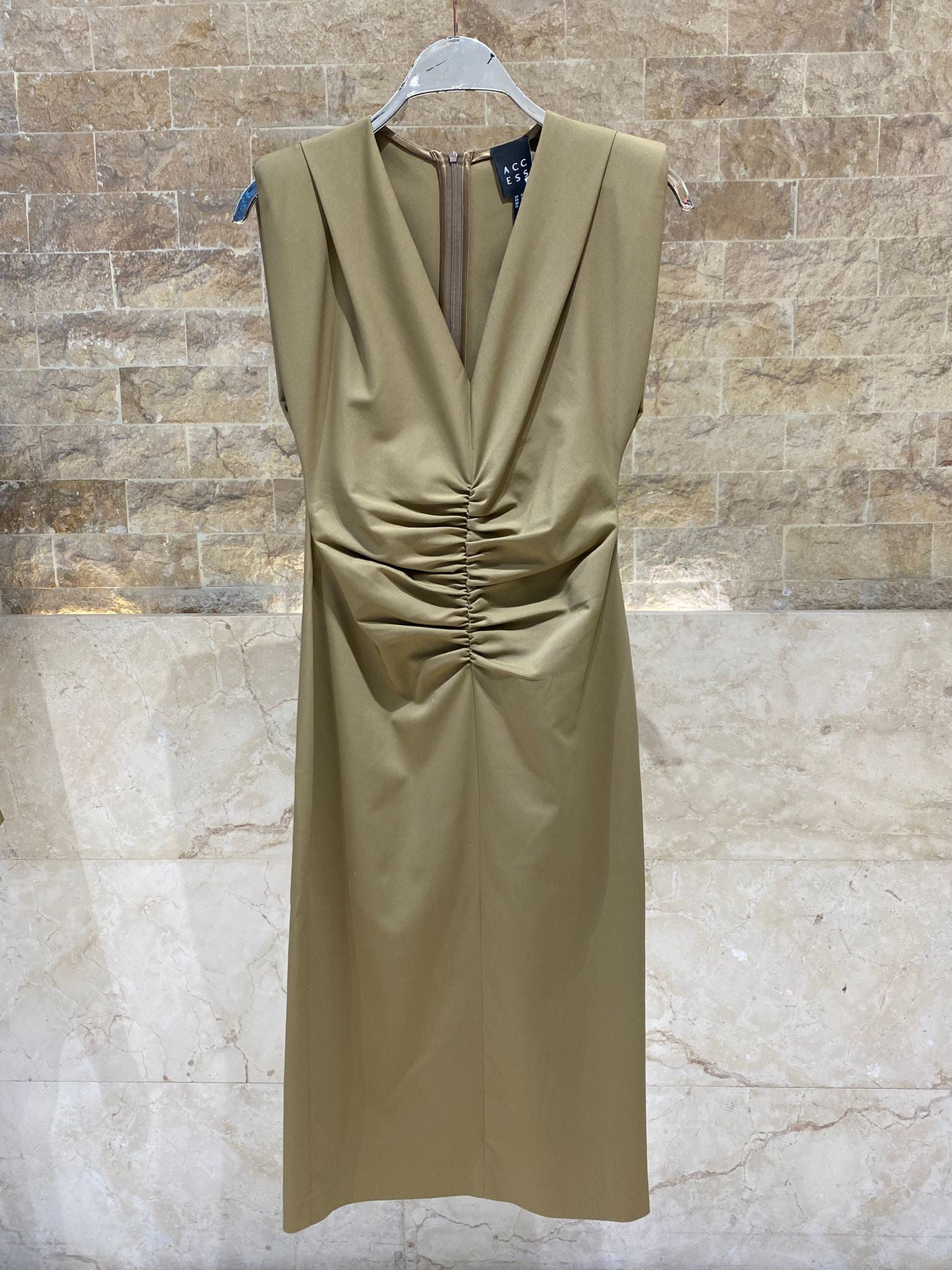 63-3409 Sleeveless Dress with Ruched Details - Brown Loft