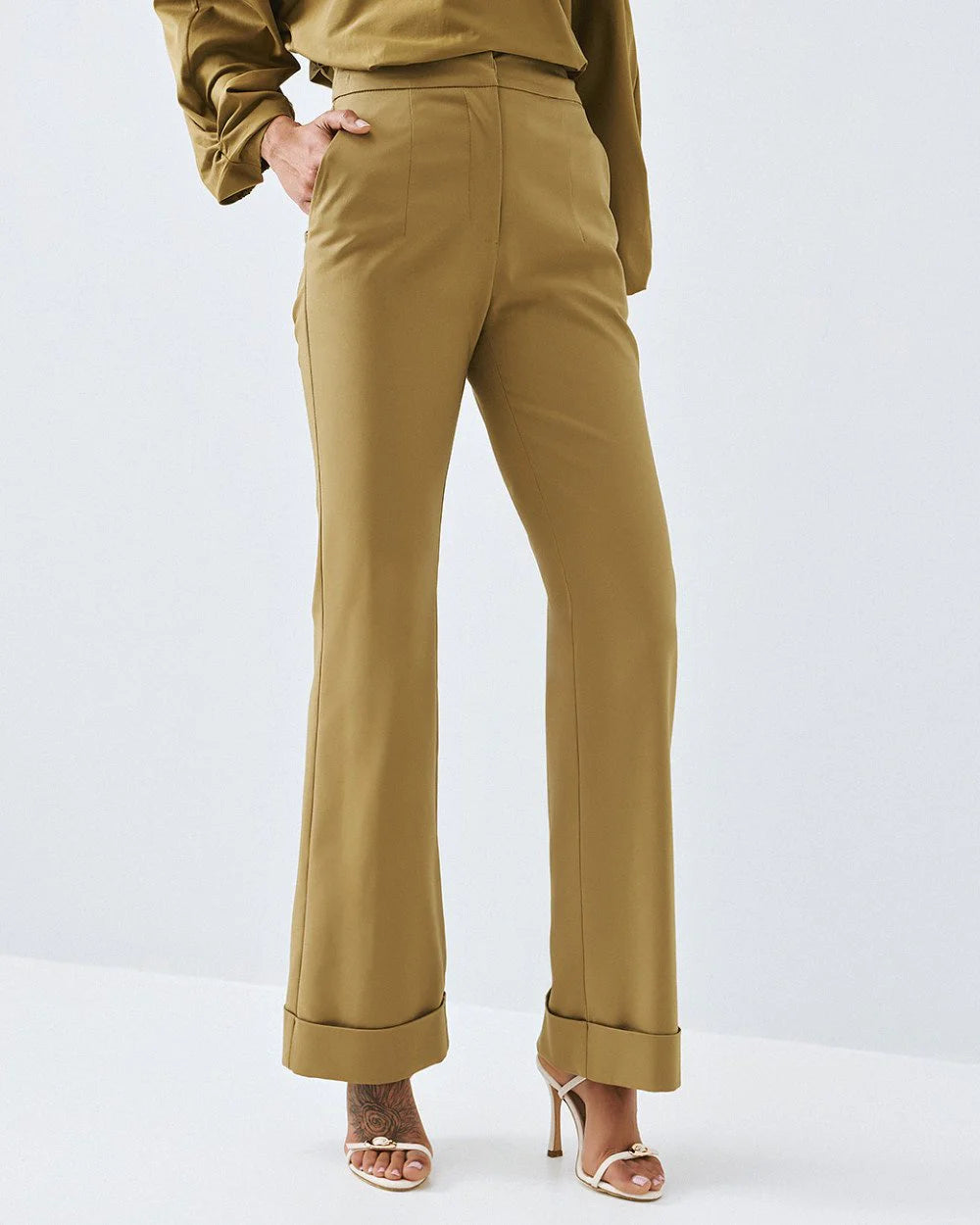 63-5003 High Waist Straight Leg Pants with Turn-up Hems - Brown Loft
