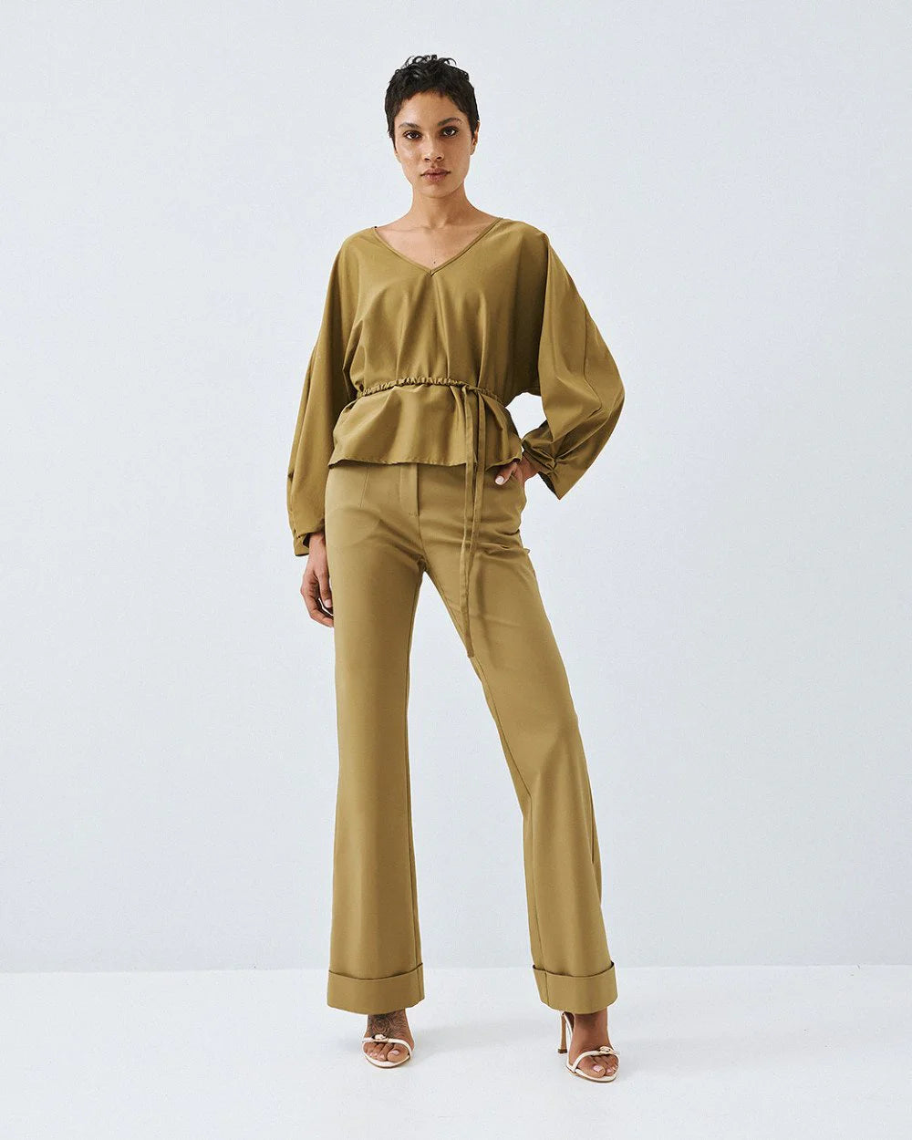 63-5003 High Waist Straight Leg Pants with Turn-up Hems - Brown Loft