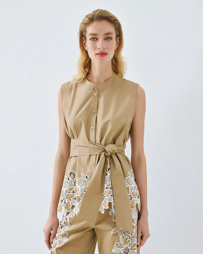 63-7054 Sleeveless Shirt with Embroidery - Brown Loft