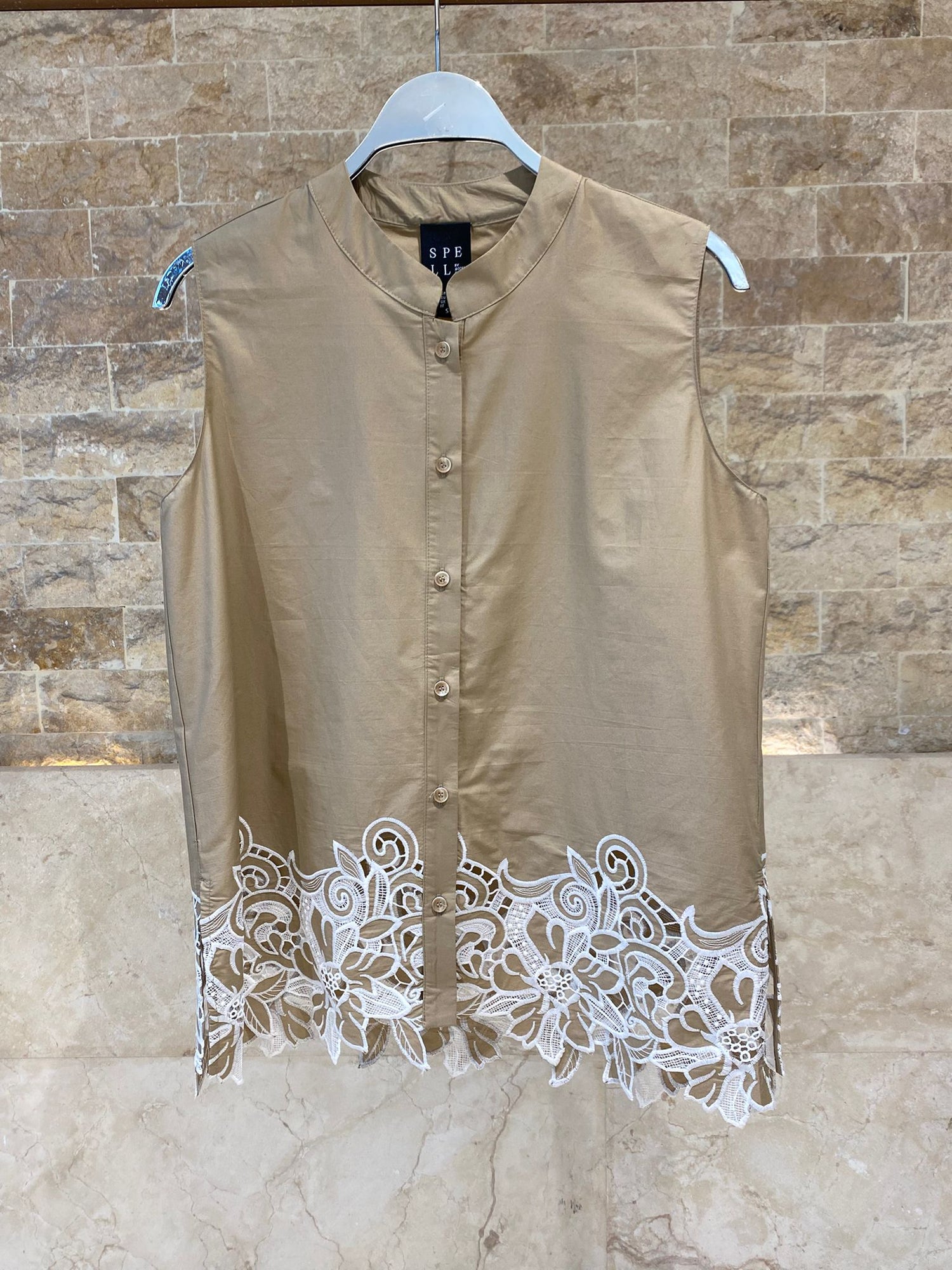 63-7054 Sleeveless Shirt with Embroidery - Brown Loft