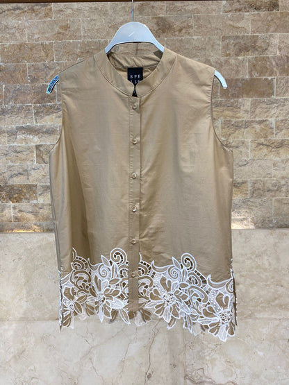 63-7054 Sleeveless Shirt with Embroidery - Brown Loft