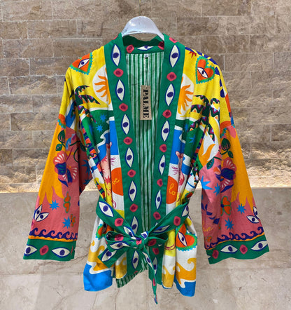 Green Illustrative Graphics Belted Kimono 67058