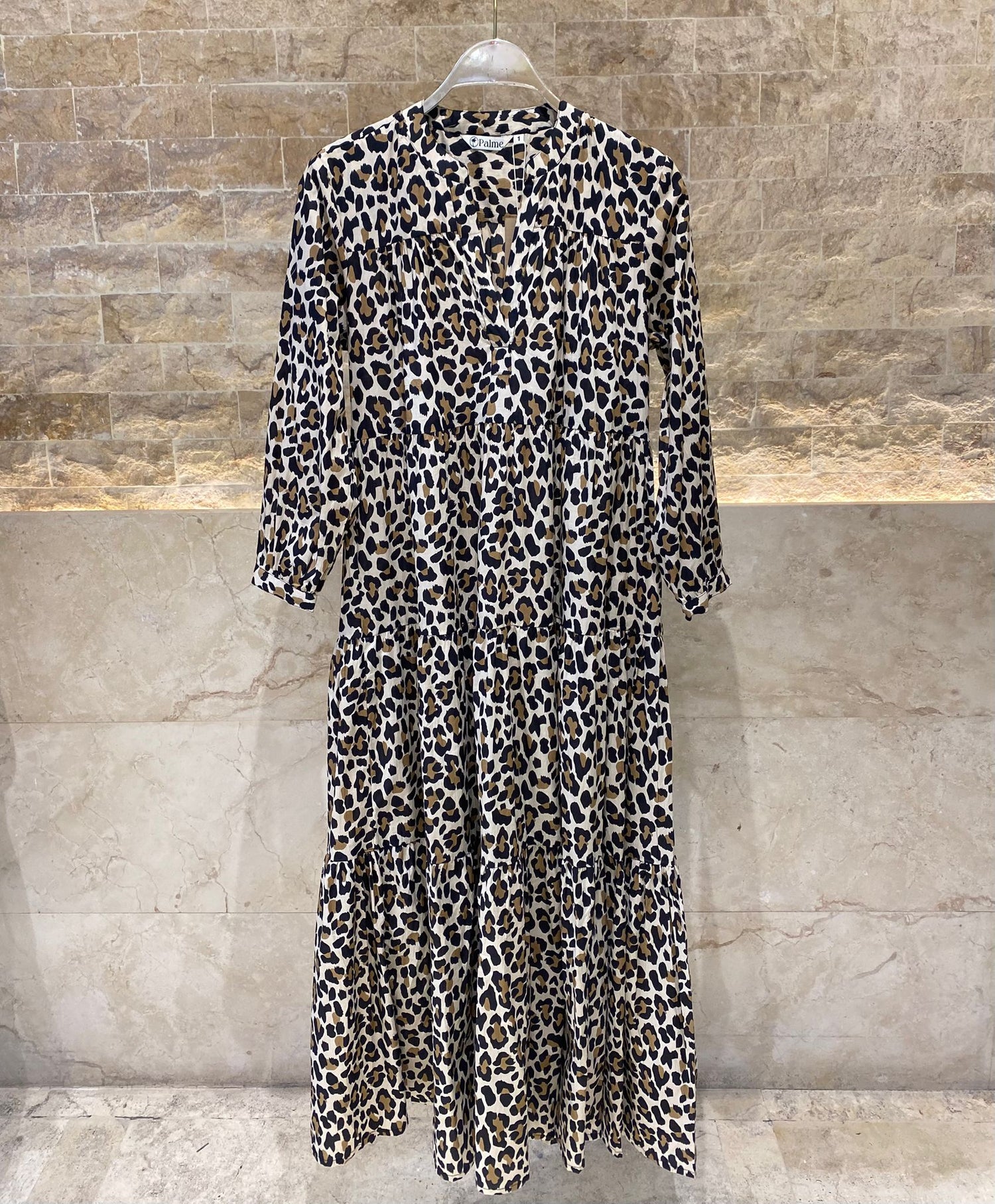 67148 Leopard - Mao V-Collared Tiered Long Dress - Brown Loft
