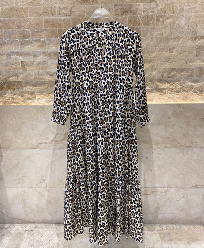 67148 Leopard - Mao V-Collared Tiered Long Dress - Brown Loft