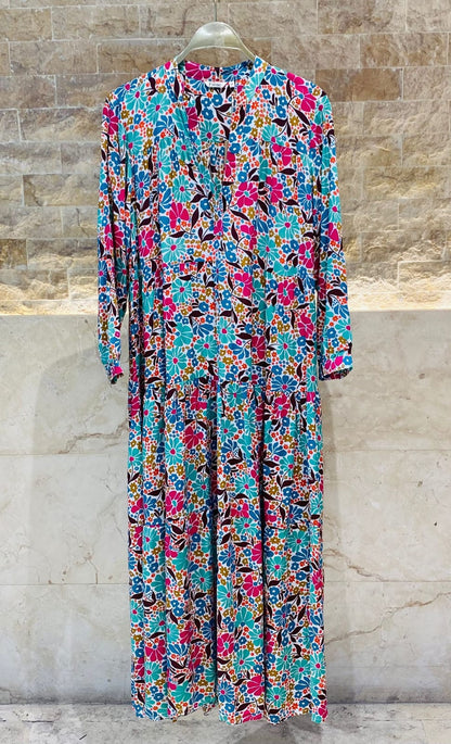 67192 Floral Multi Floral Printed Tiered Long Dress - Brown Loft