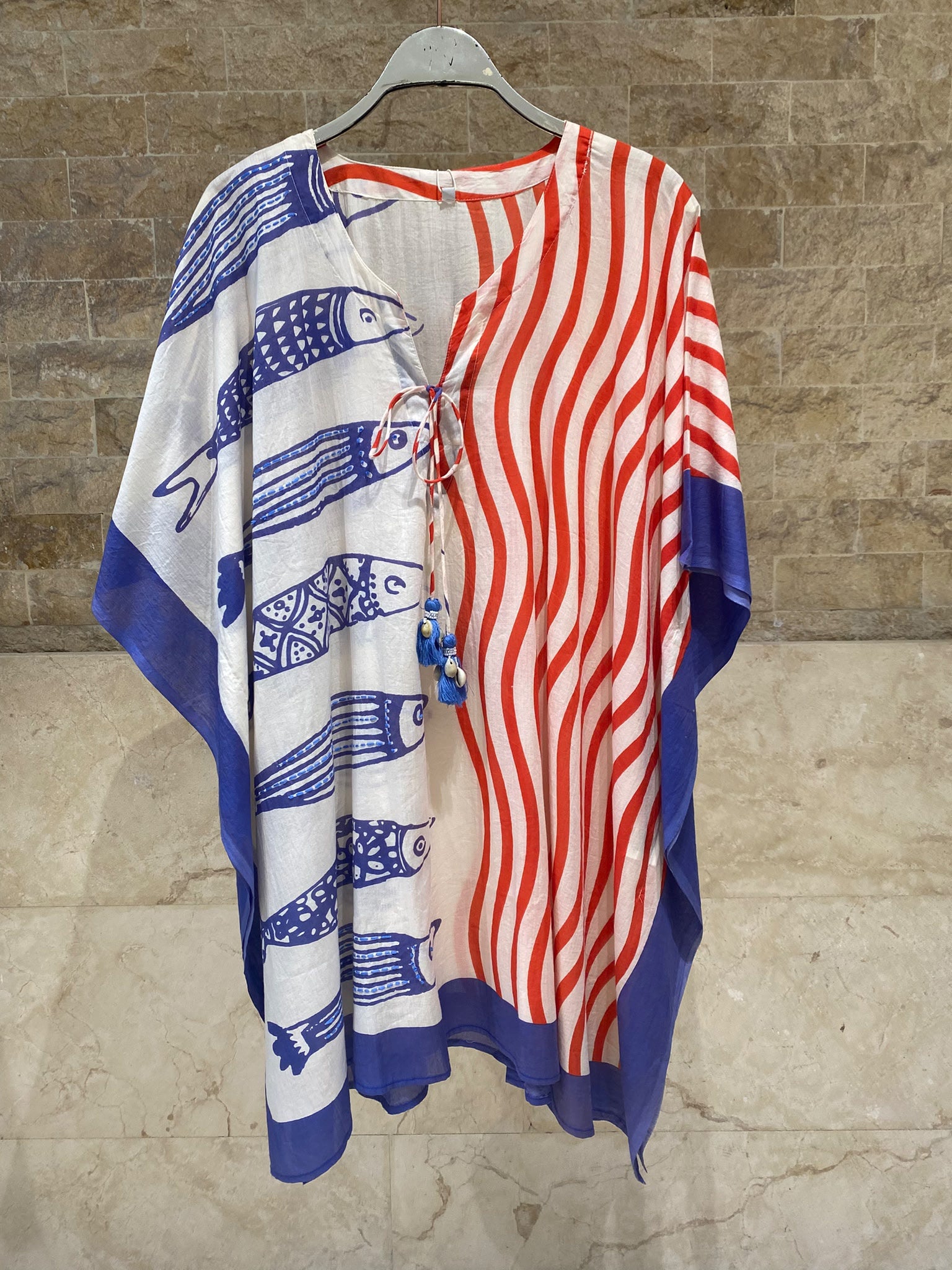 Fish Style Split Patterned Cotton Short Kaftan 68008