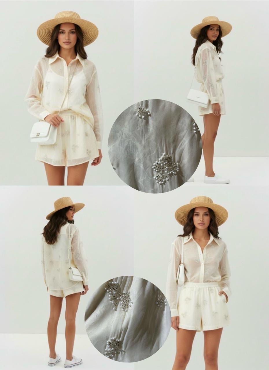 Jessy Beads/Pearls Detailed Sheer Shirt قميص شفاف مزين بالخرز/اللؤلؤ - Brown Loft