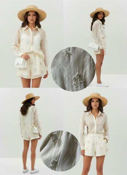 Jessy Beads/Pearls Detailed Sheer Shirt قميص شفاف مزين بالخرز/اللؤلؤ - Brown Loft