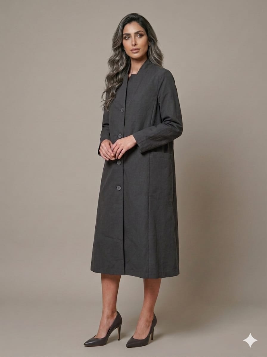 26S-5058 Stand Collared Long Coat Dress - Brown Loft