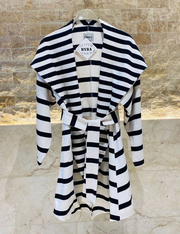 24K7 Striped Cotton Long Belted Jacket سترة قطنية مخططة بحزام طويل