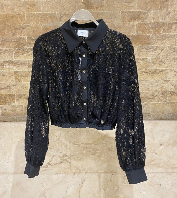 81000-1 Floral Lace Cropped Top بلوزة قصيرة بحاشية دانتيل زهور