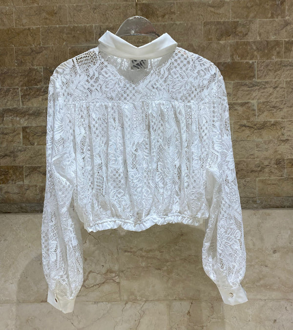 81000-1 Floral Lace Cropped Top بلوزة قصيرة بحاشية دانتيل زهور