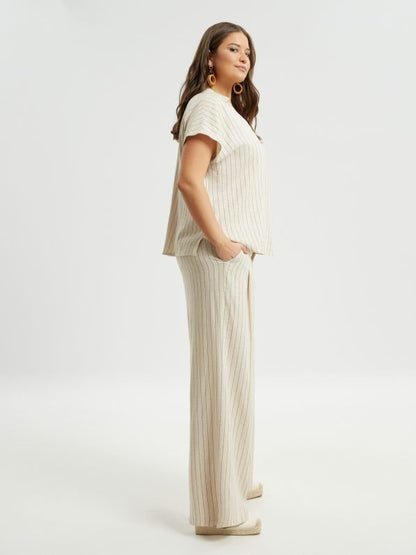 8301.2064 High-Waist Wide Leg Striped Linen Pants - Brown Loft