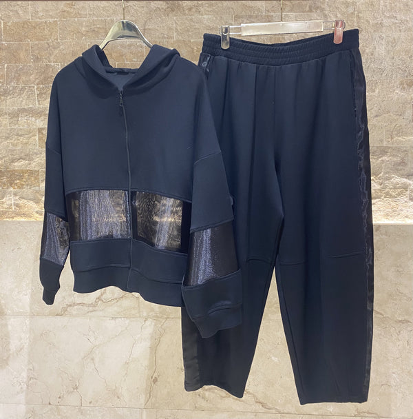 8401.4030/2016 Hoodie Sheer Jacket and Wide Leg Pants جاكيت هودي شفاف وبنطلون واسع الساق