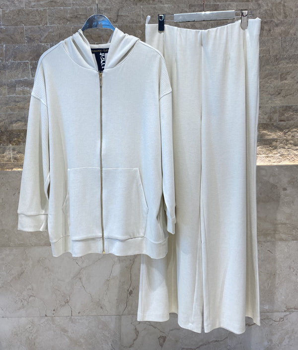 8401.4044/2041 Hoodie Ribbed Jacket and Wide Leg Ribbed Pants سترة بغطاء رأس مضلع وبنطلون واسع الساق مضلع