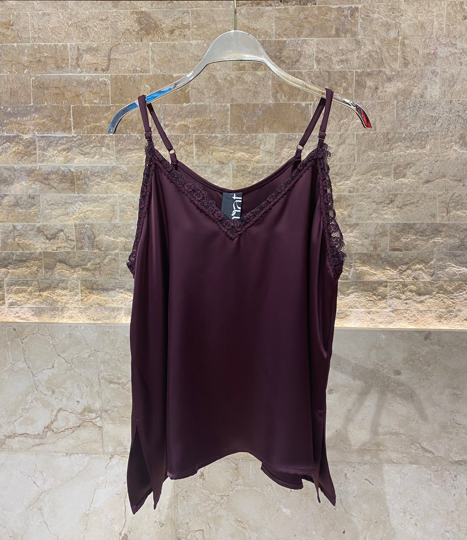 8401.1046 Lace Trimmed Satin Cami Top - Brown Loft
