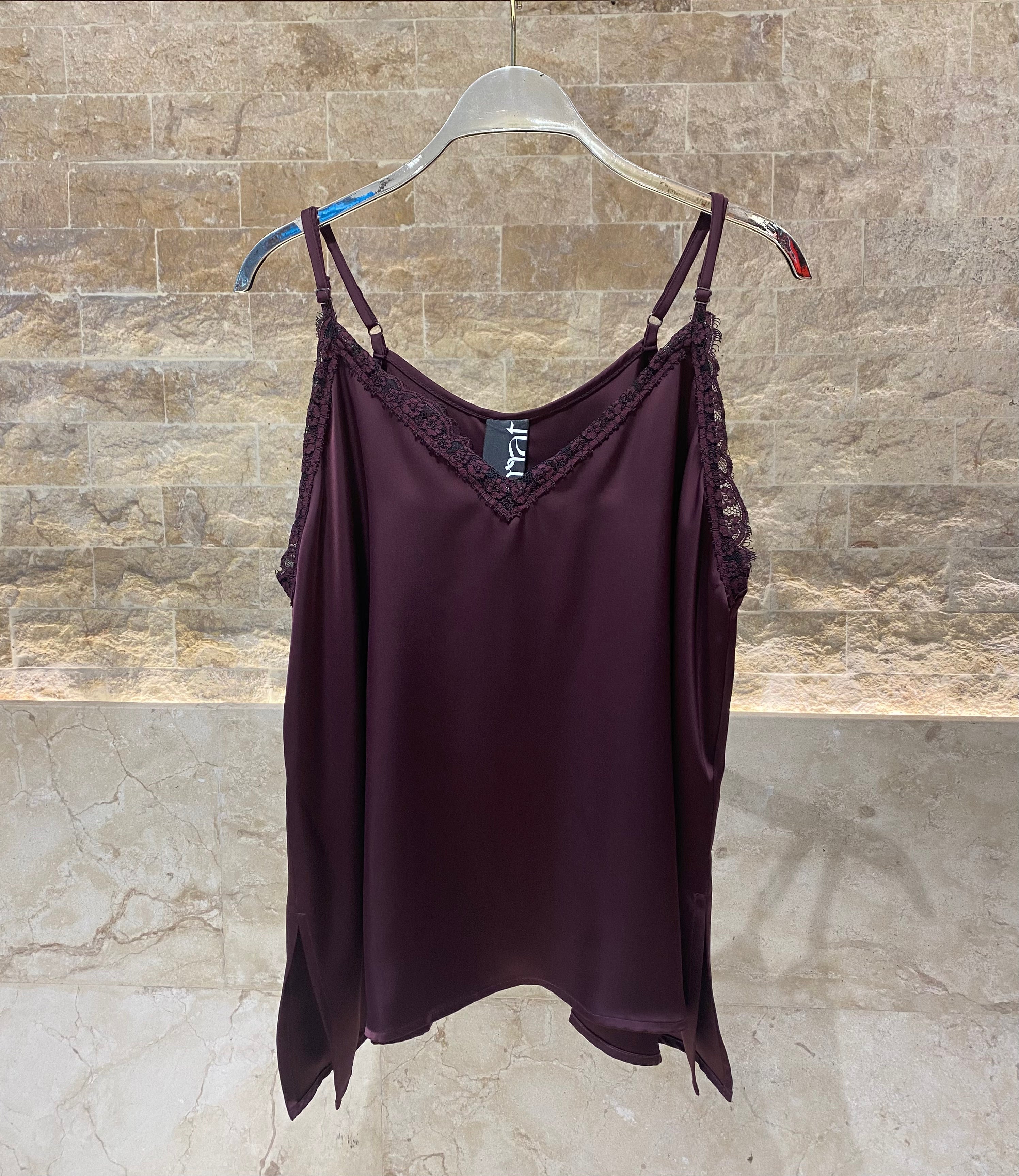 8401.1046 Lace Trimmed Satin Cami Top - Brown Loft