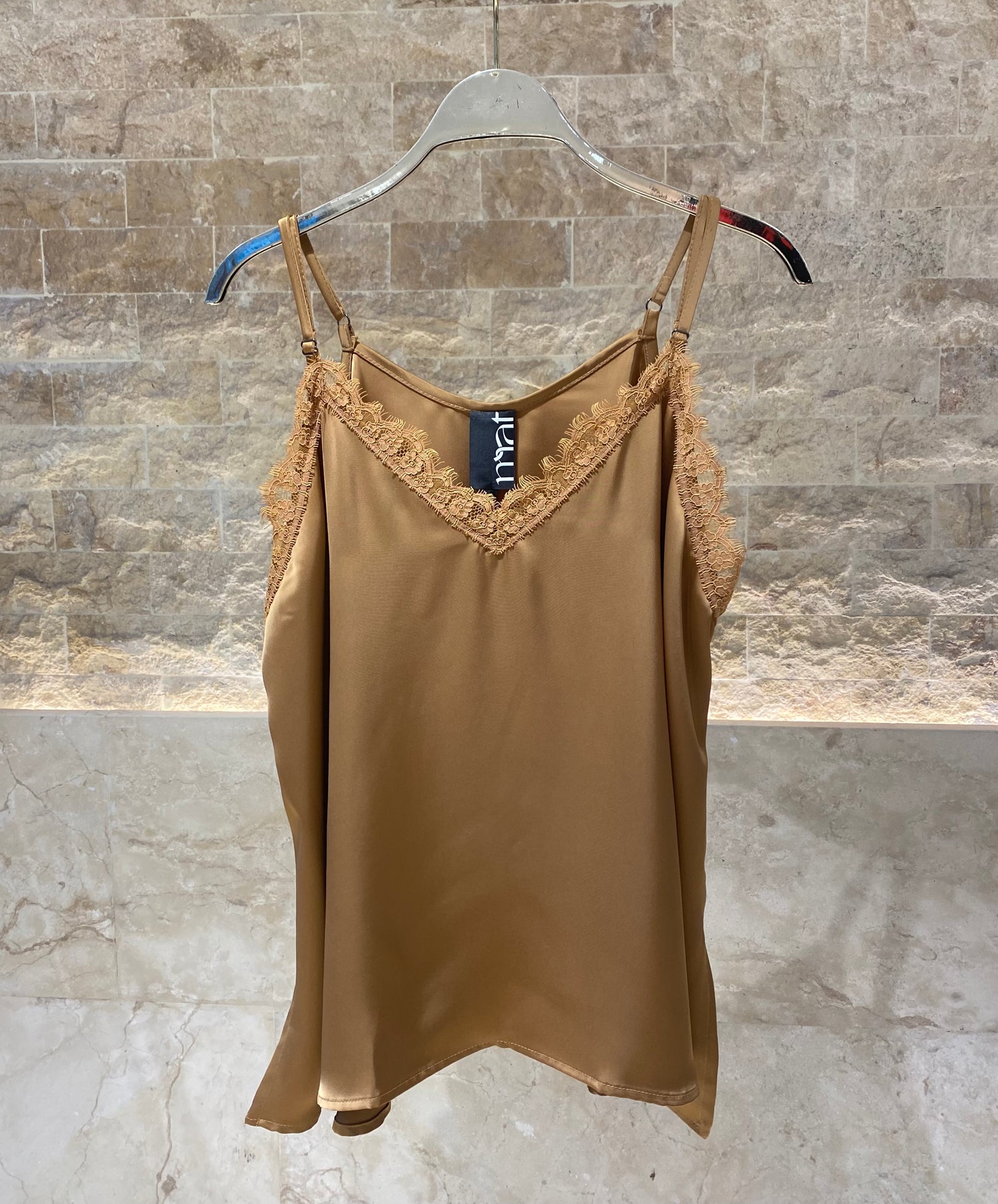 8401.1046 Lace Trimmed Satin Cami Top - Brown Loft