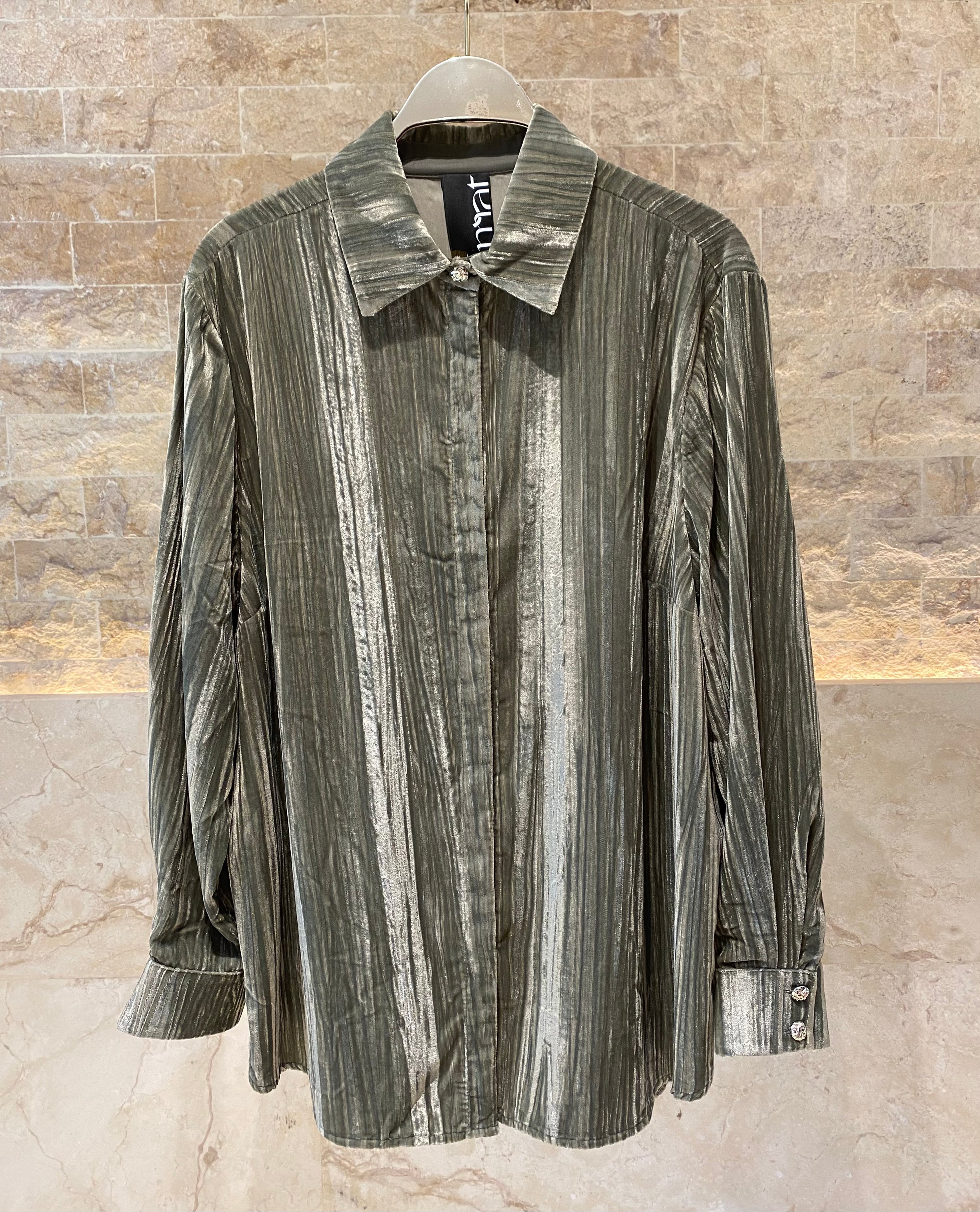 8401.3005 Collared Crushed Velvet Oversized Shirt - Brown Loft