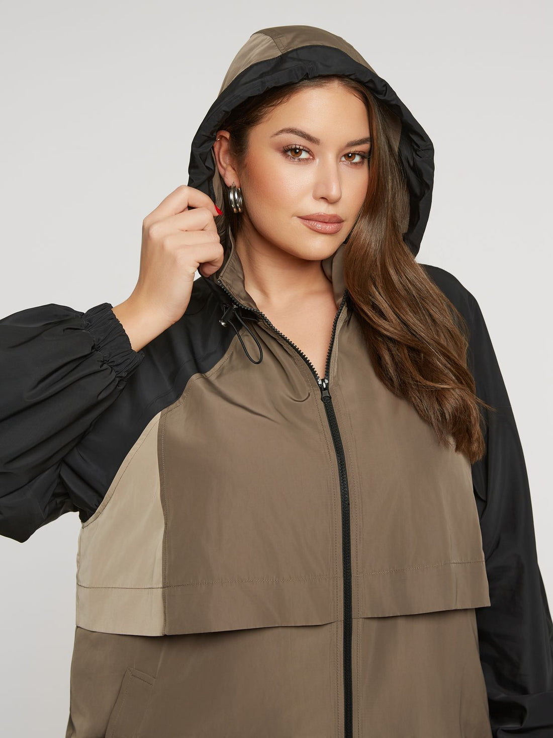 8401.4032 Hoodie Long Taffeta Oversized Jacket - Brown Loft