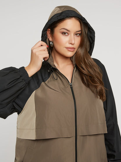 8401.4032 Hoodie Long Taffeta Oversized Jacket - Brown Loft