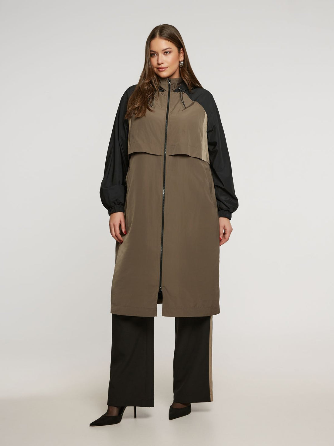8401.4032 Hoodie Long Taffeta Oversized Jacket - Brown Loft