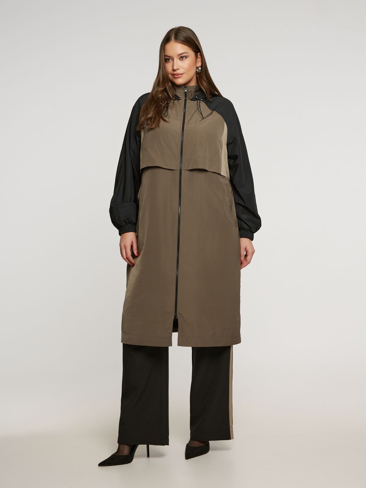 8401.4032 Hoodie Long Taffeta Oversized Jacket - Brown Loft