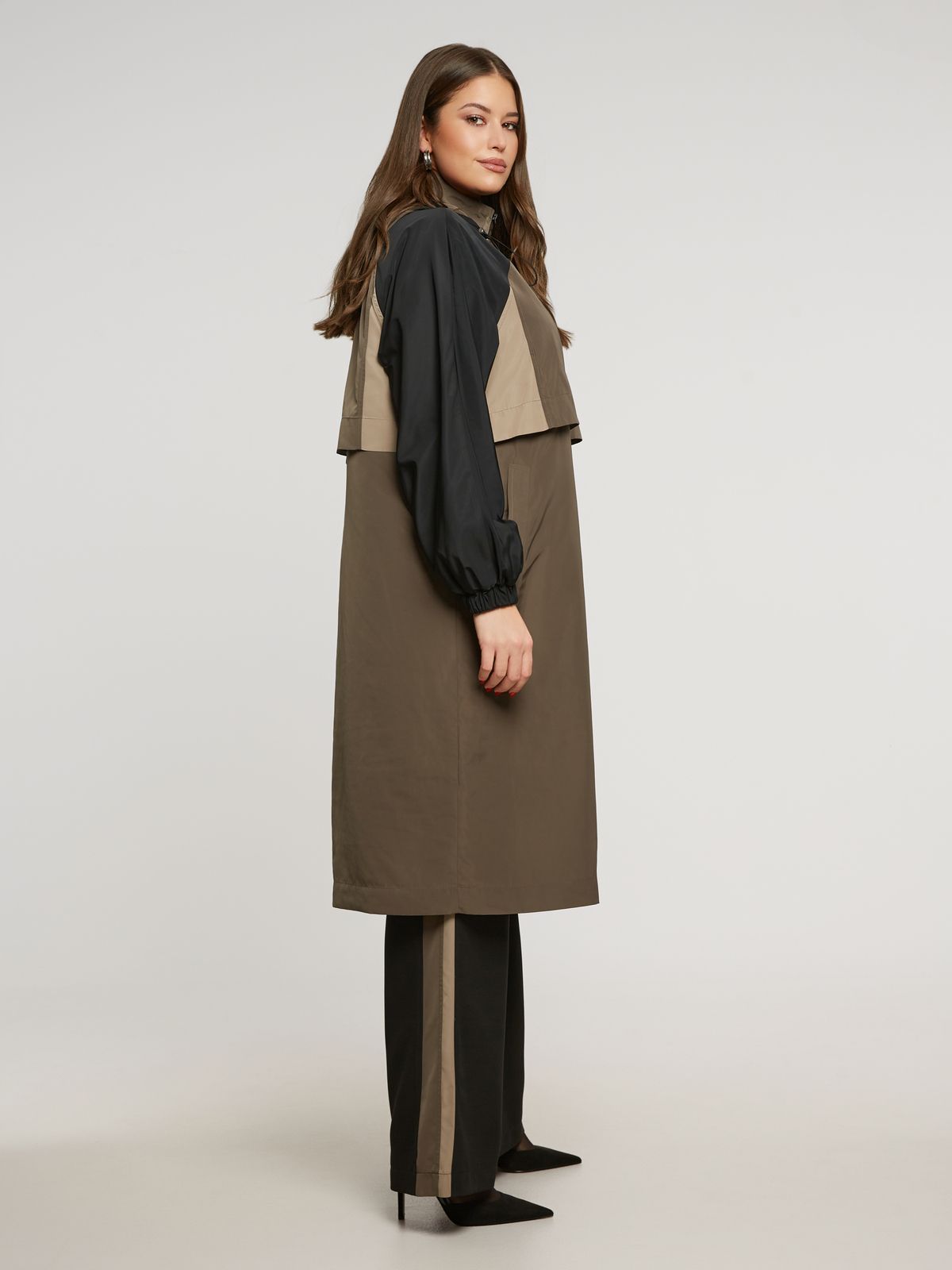 8401.4032 Hoodie Long Taffeta Oversized Jacket - Brown Loft