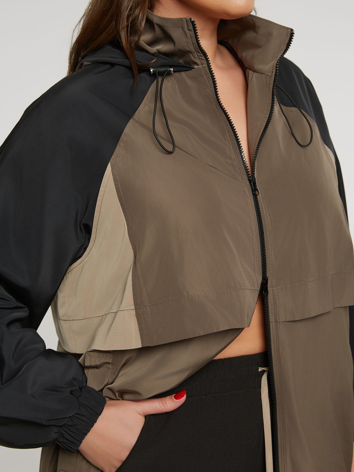 8401.4032 Hoodie Long Taffeta Oversized Jacket - Brown Loft
