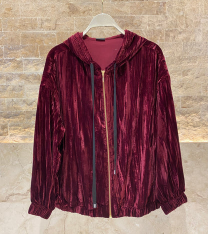 8401.4045  Hooded Crushed Velvet Oversized Jacket سترة كبيرة الحجم من المخمل المكسر بغطاء للرأس - Brown Loft