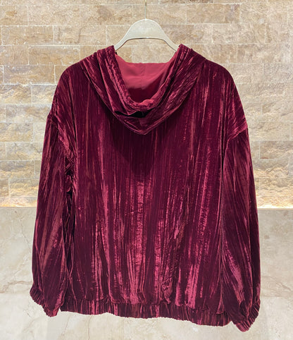 8401.4045  Hooded Crushed Velvet Oversized Jacket سترة كبيرة الحجم من المخمل المكسر بغطاء للرأس - Brown Loft