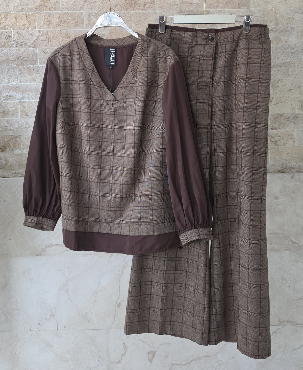 Checked Knit Top &amp; Wide-Leg Trouser 8601.1016/2037